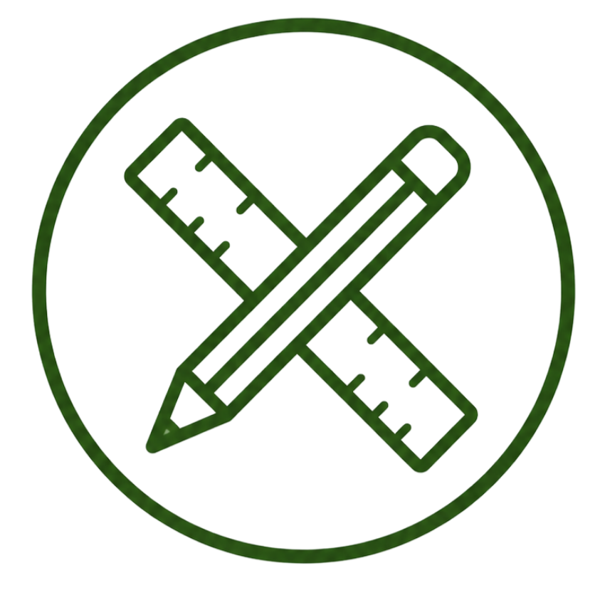 A green circular icon featuring a pencil and two rulers crossed in the center.