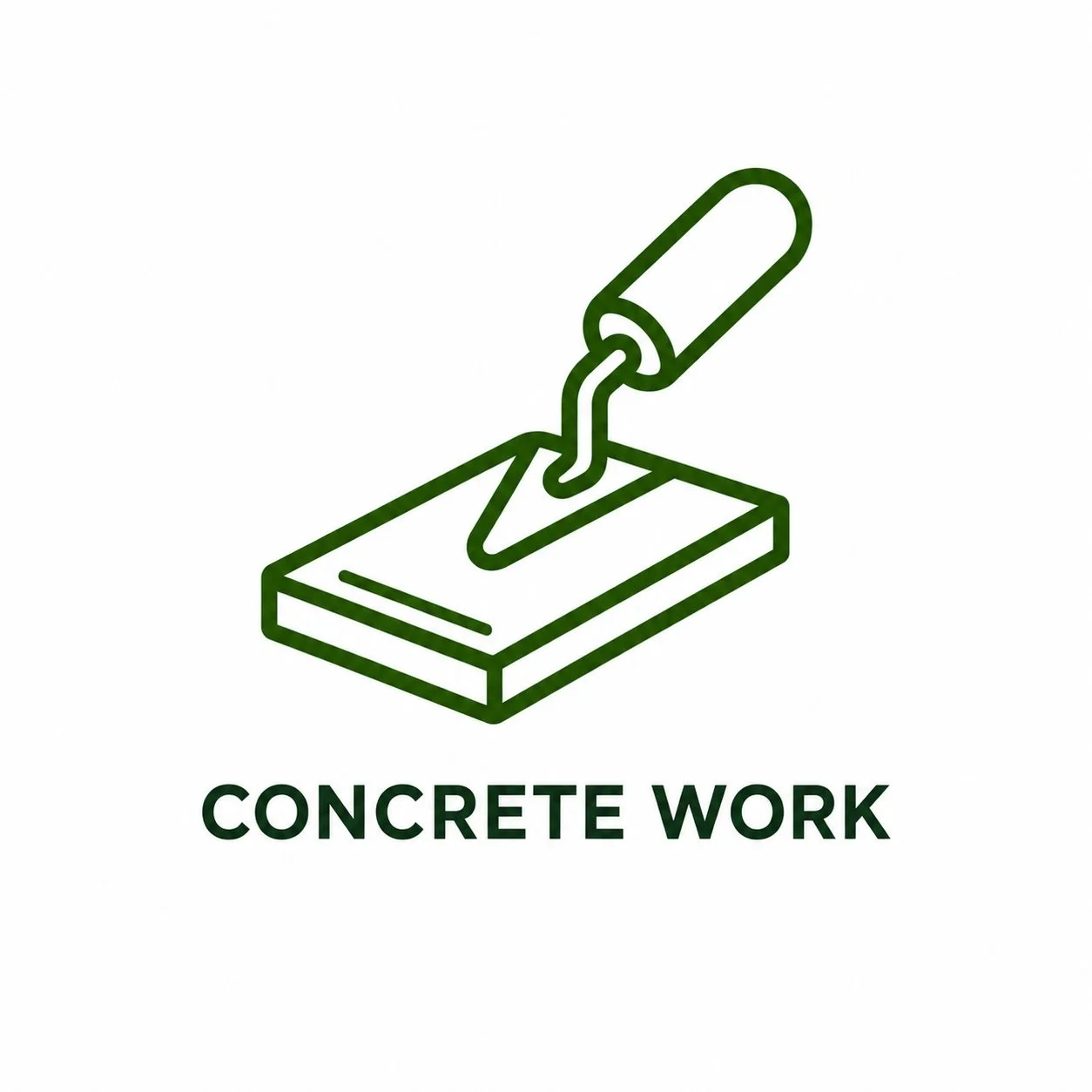 Line drawing of a trowel spreading concrete on a surface with the caption 'CONCRETE WORK'.