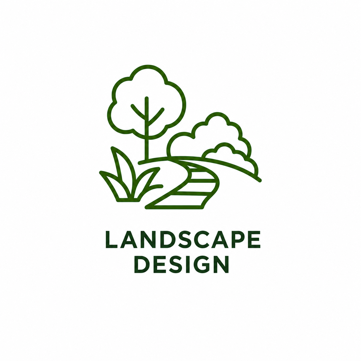 Line drawing of a landscape with a tree, bushes, and a curved path, accompanied by the text 'Landscape Design' in green.