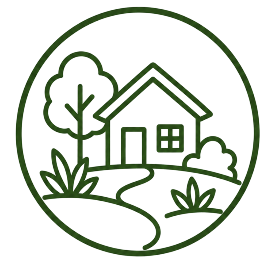Neon green outline of a house, trees, and bushes inside a circular frame.