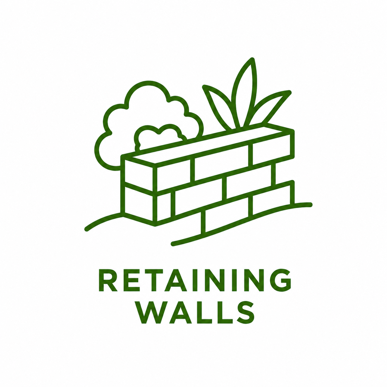 Illustration of a retaining wall with plants and bushes behind it, with the text "Retaining Walls" below.