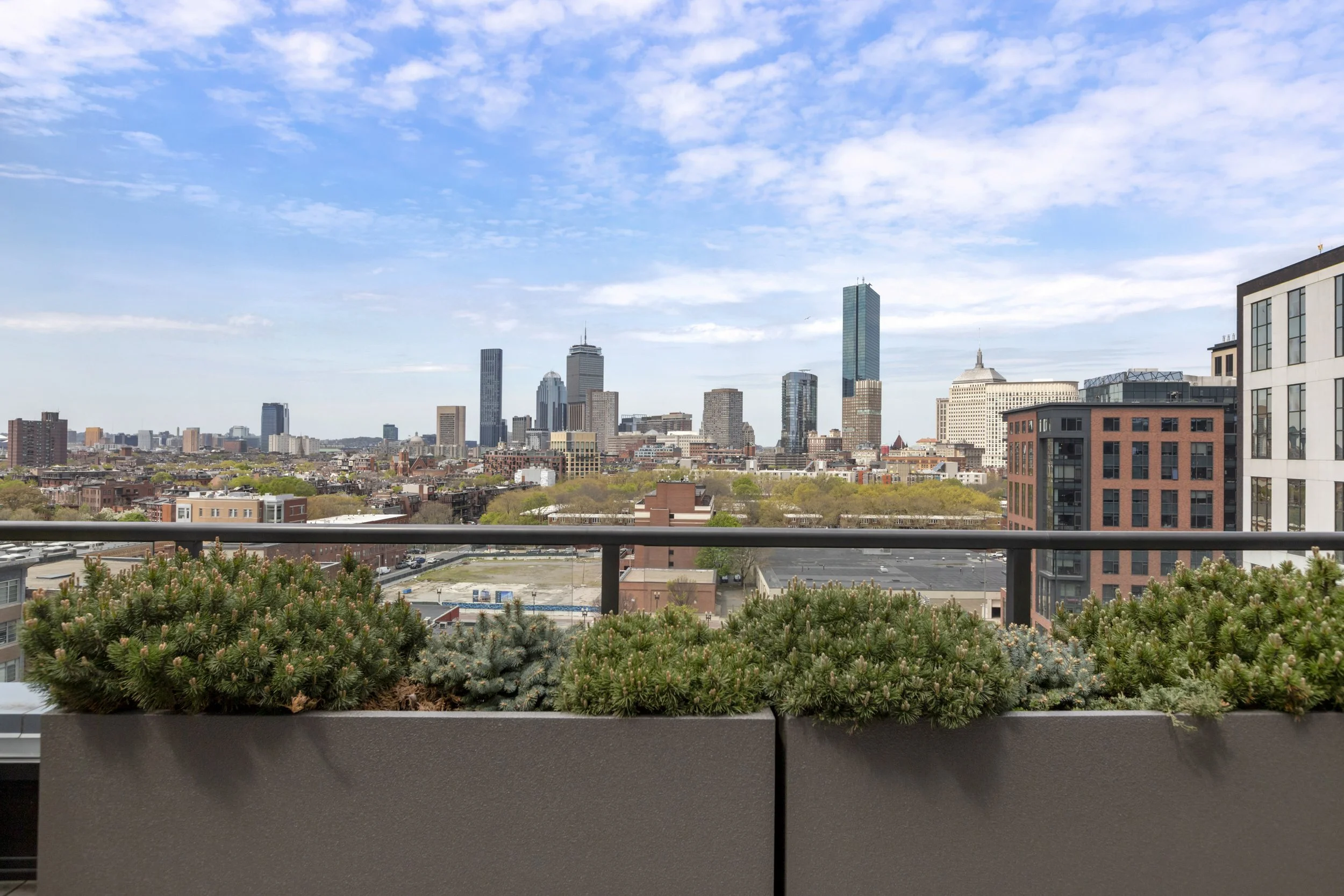 City skyline with tall skyscrapers viewed from a balcony with potted plants in the foreground.