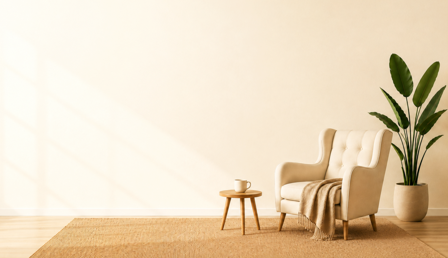 Minimalist living room corner with a cream-colored armchair, a small wooden side table with a mug, a large potted plant, and a beige rug on light wood flooring.