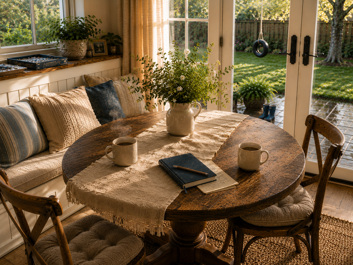 A cozy indoor dining area with a wooden table, two steaming cups of coffee, an open notebook with a pen, a large vase with flowers, and a window overlooking a garden with potted plants and a tree.
