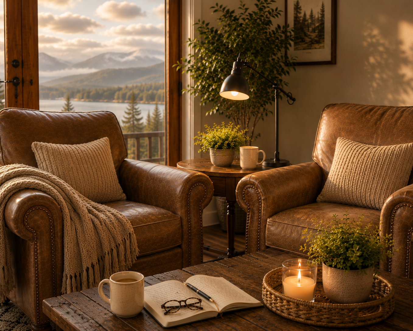 Two armchairs beside a window overlooking a mountain landscape.