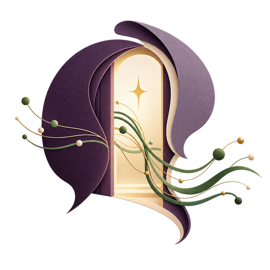 Stylized illustration of Milo, AI thought partner, and a door opening to a bright, starry sky.