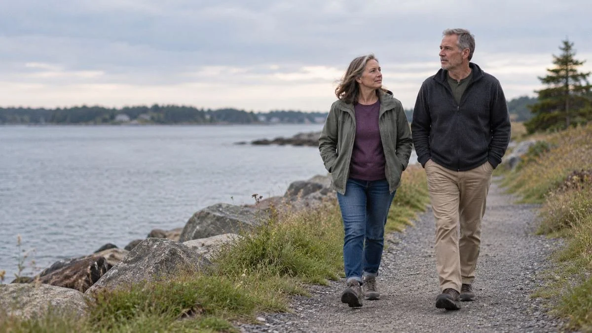 A middle-aged couple walking together along a quiet coastal path.