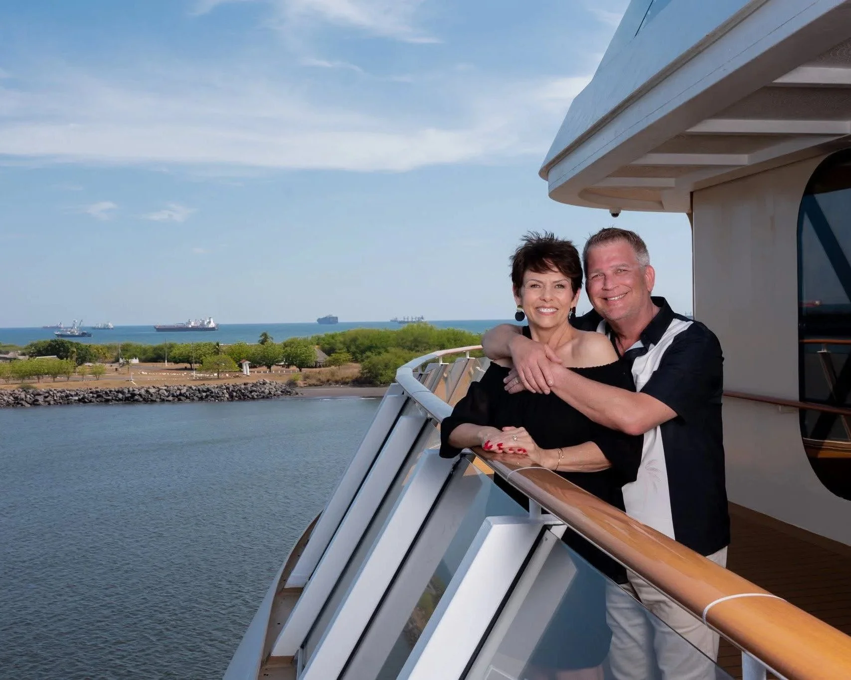 Scott and Patty Carroll together on a cruise ship balcony