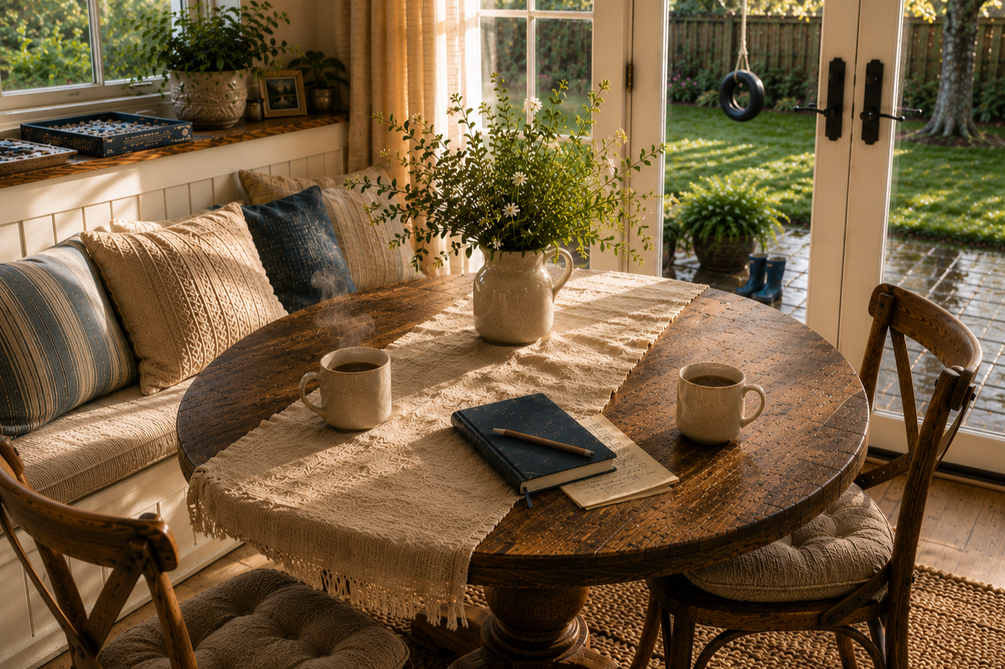 A round table with two cups, a notebook and flowers in a sunlit sitting room.
