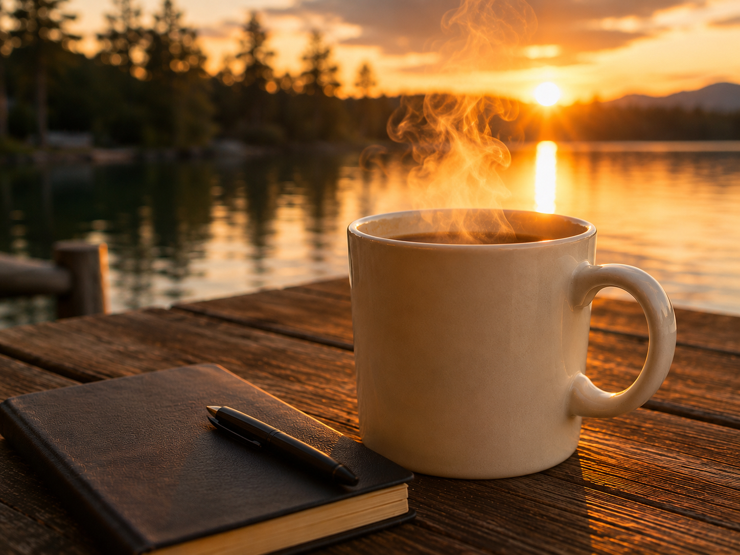 A steaming mug of coffee on a wooden table outdoors during sunset, with a notebook and pen beside it, by a body of water with trees and mountains in the background.