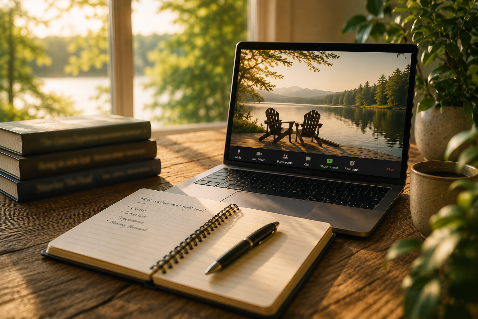 A laptop showing a lakeside video call, beside an open notebook and pen, books and a mug.