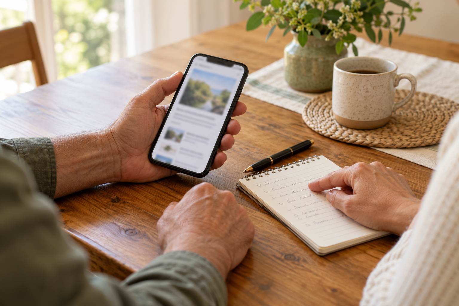 Two adults carefully reviewing a health claim on a phone, with notes nearby.