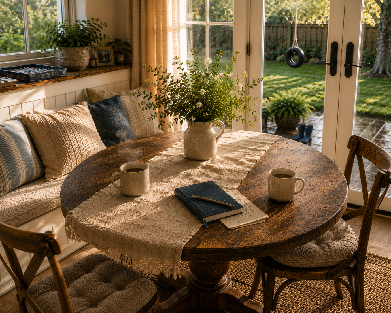 A cozy dining nook with a round wooden table set with two steaming coffee mugs, a notebook, and a pen, illuminated by sunlight and overlooking a lush garden through glass doors. A potted plant with white flowers decorates the table, and a cushioned bench with patterned pillows lines the wall.