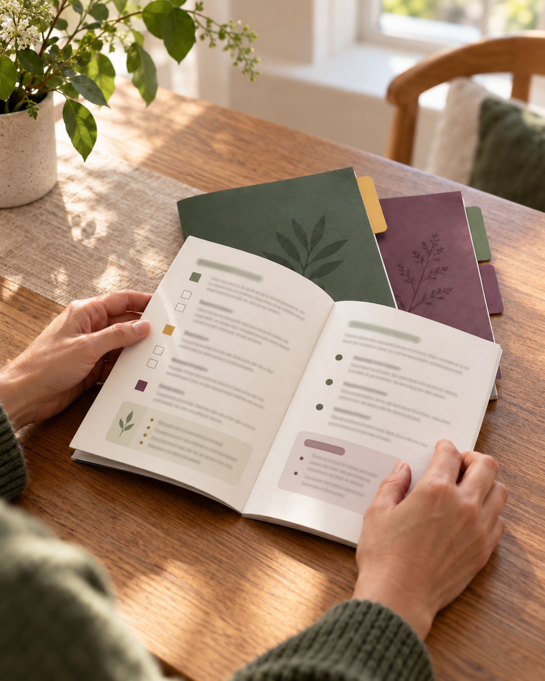 A person reviewing an open practical guide at a table, with additional guides nearby.