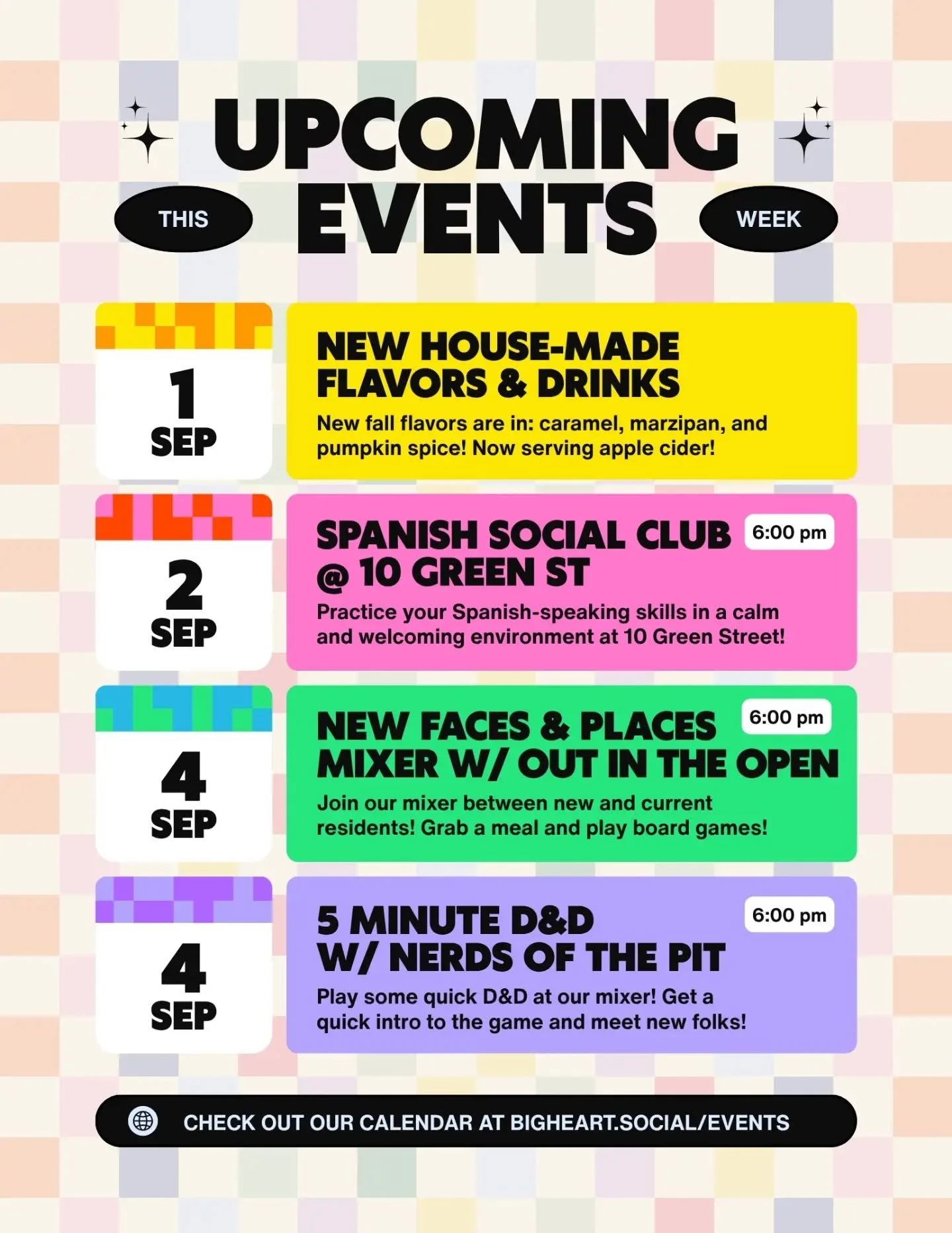 🚨Upcoming Events this Week🚨

Just in time for autumn 🍁 
Caramel, marzipan, pumpkin spice, and apple cider. YUM!!

Meet some new faces at our mixer event, in collaboration with @weareoutintheopen! Play one of our 100+ board games with new and old f