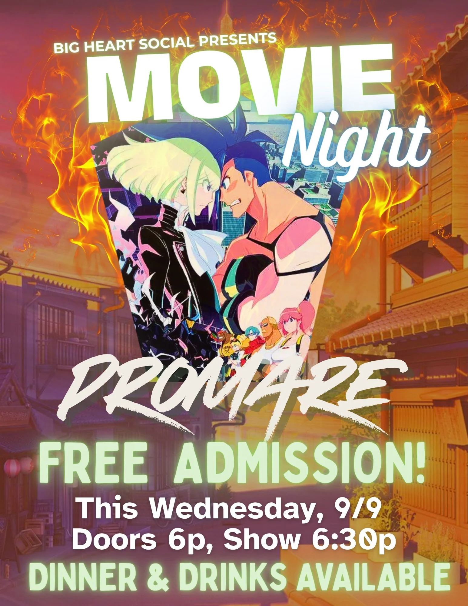 We decided to make our screening of Promare this Wednesday ✨ FREE ✨!!

Dinner &amp; drink options available for purchase at the bar!

Join us in watching Shiloh&rsquo;s ✨ favorite ✨ film as Galo and the Burning Rescue Department face off against Lio 