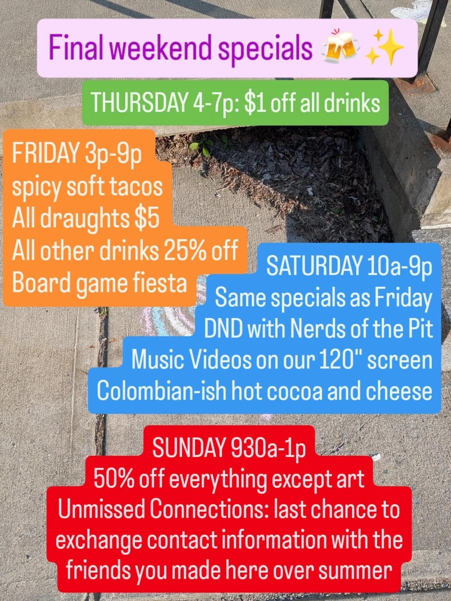 ✨🍻 Final weekend specials 💕✨

THURSDAY 
$1 off all drinks 

FRIDAY 3p-9p 
spicy soft tacos
All draughts $5 (including NA)
All other drinks 25% off
Board game fiesta

SATURDAY 10a-9p
Same specials as Friday
DND with @nerdsofthepit 
Music video night