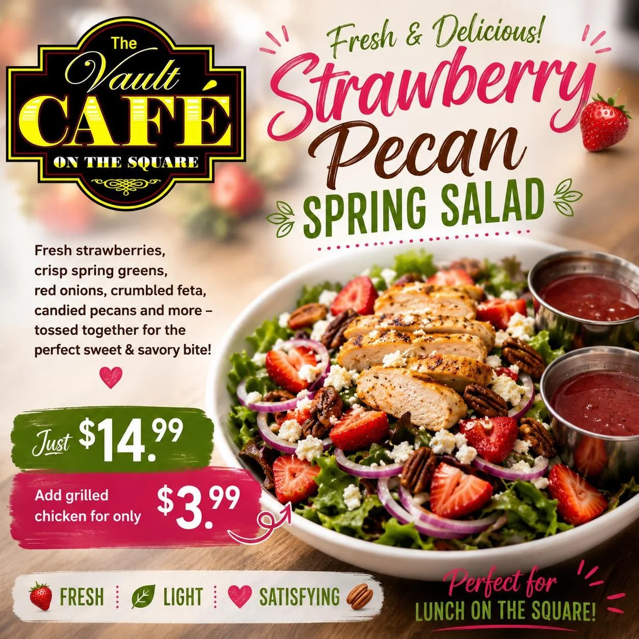 A promotional flyer for The Vault Cafe on the Square advertising a strawberry pecan spring salad. The flyer features a large image of the salad with strawberries, pecans, red onions, and grilled chicken, and includes prices, ingredients, and tags highlighting the freshness, lightness, and satisfying nature of the dish.