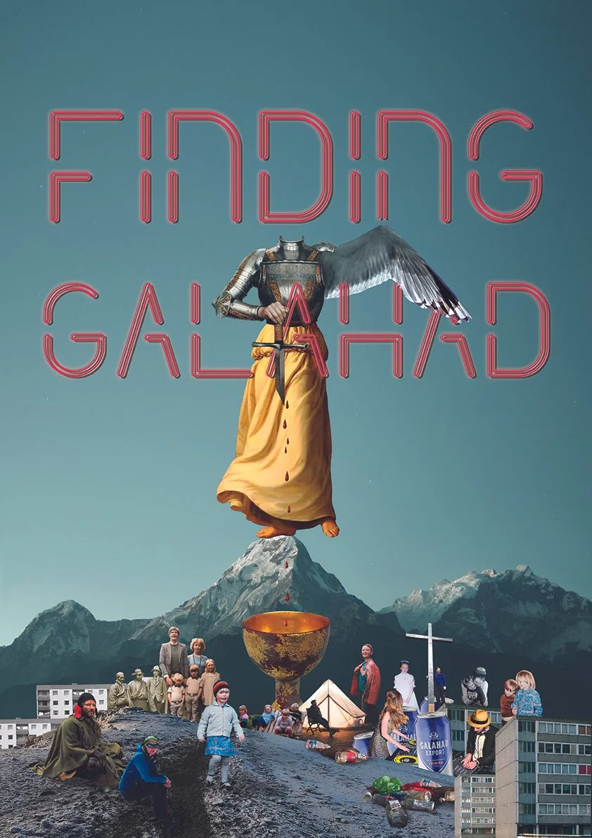 Collage featuring a mountainous landscape with Mount Everest in the background, a large golden chalice pouring blood, and various people, animals, and objects including a person with wings, children, a cross, tents, and a soda can, overlaid with the neon-style text 'Finding Galahad'.