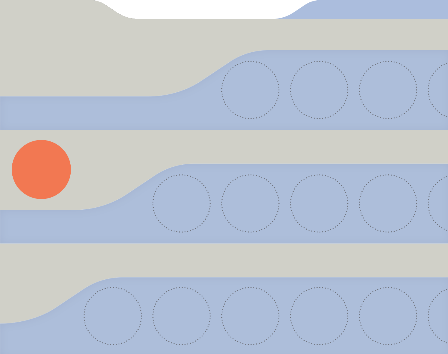 Abstract graphic featuring a large orange circle on the left, with layered blue and gray shapes with dotted circles and wavy lines.