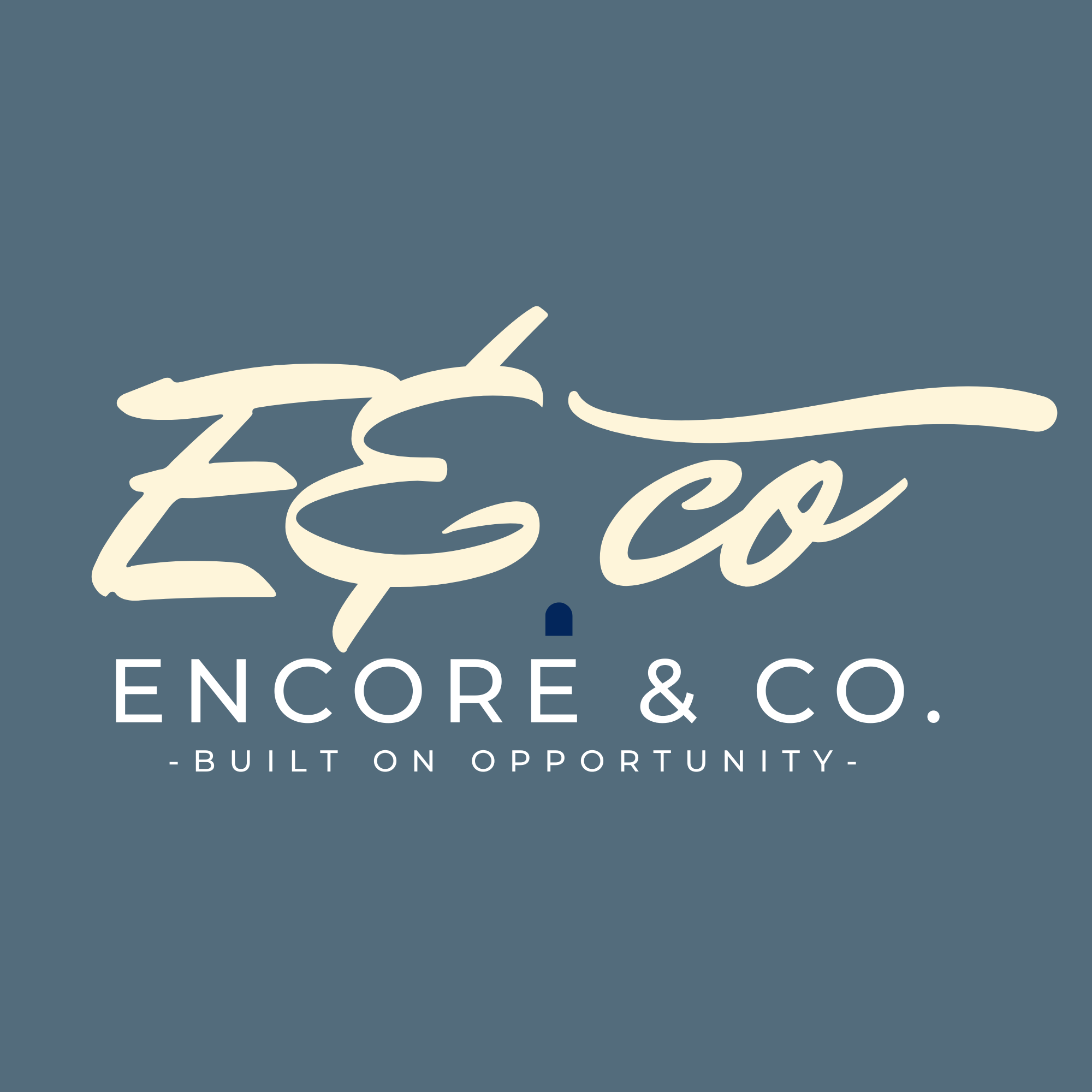 Close-up of a logo with the text 'Encre & Co.' written in a cursive script, and the tagline 'Built on Opportunity' underneath. The background is dark blue.