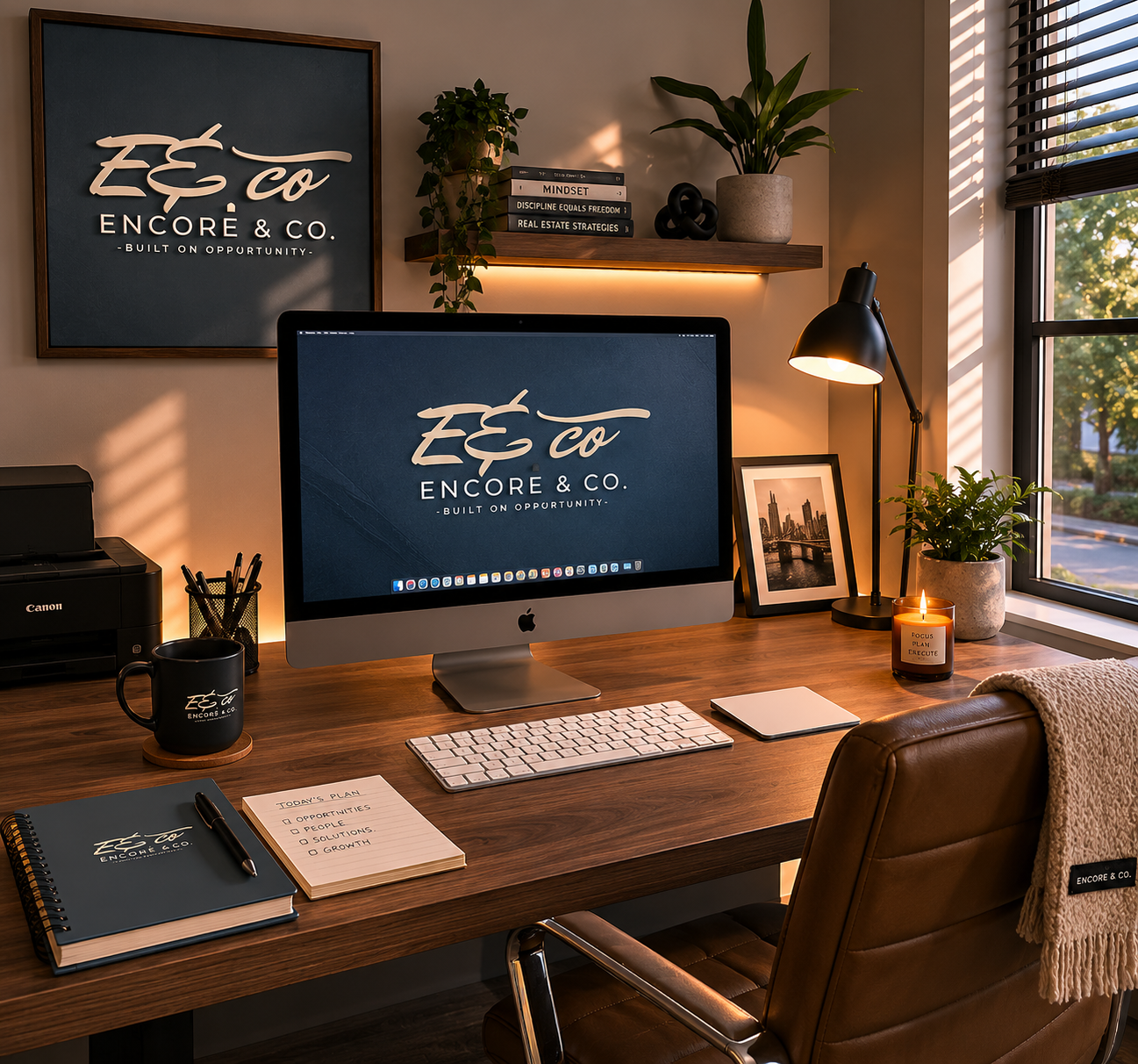 Home office desk with Apple iMac displaying the Encore & Co. logo, a keyboard, notebook, mug, framed photo, candles, potted plants, desk lamp, and window with blinds showing an outdoor scene.