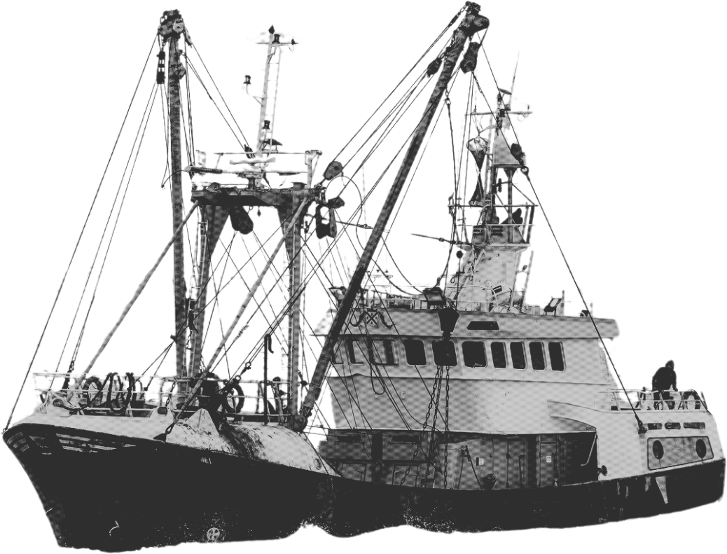 A black and white photo of a fishing boat with large cranes and rigging for deep-sea fishing.