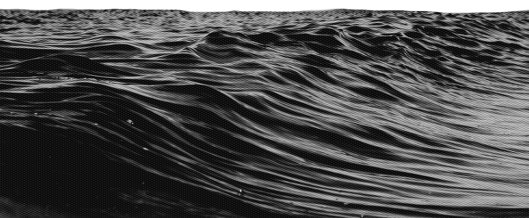 Black and white close-up of textured wavy lines, resembling rippling water or fabric folds.