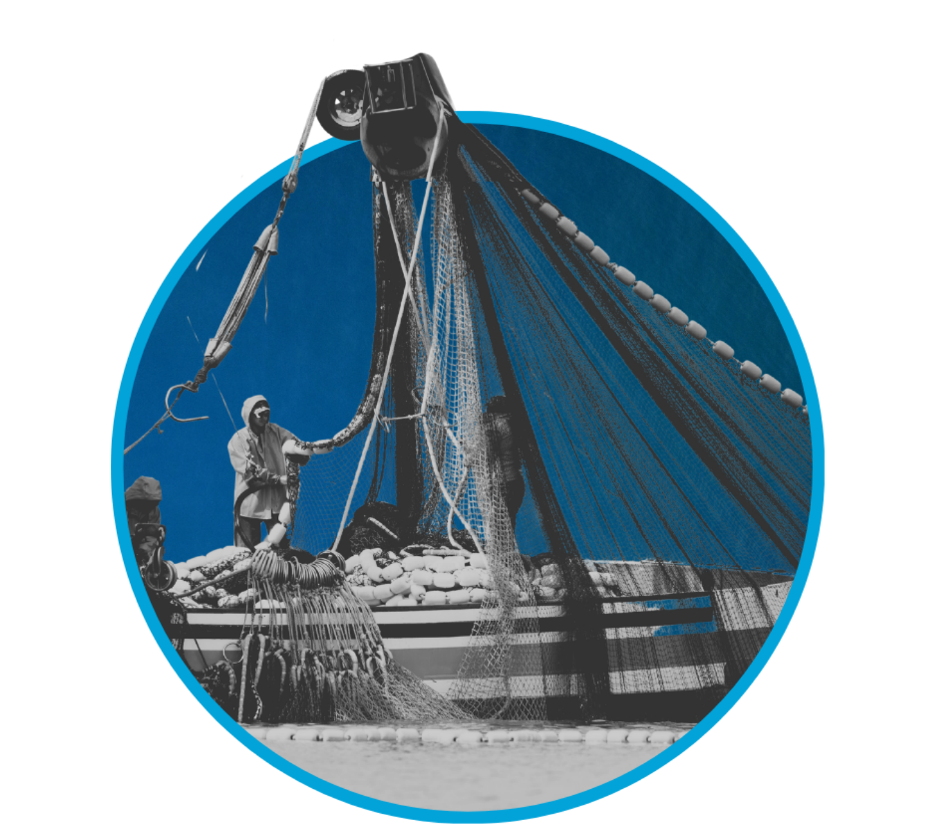 Black and white photo of fishermen on a boat handling fishing nets, with a large fishing net structure in the background, set against a clear sky.