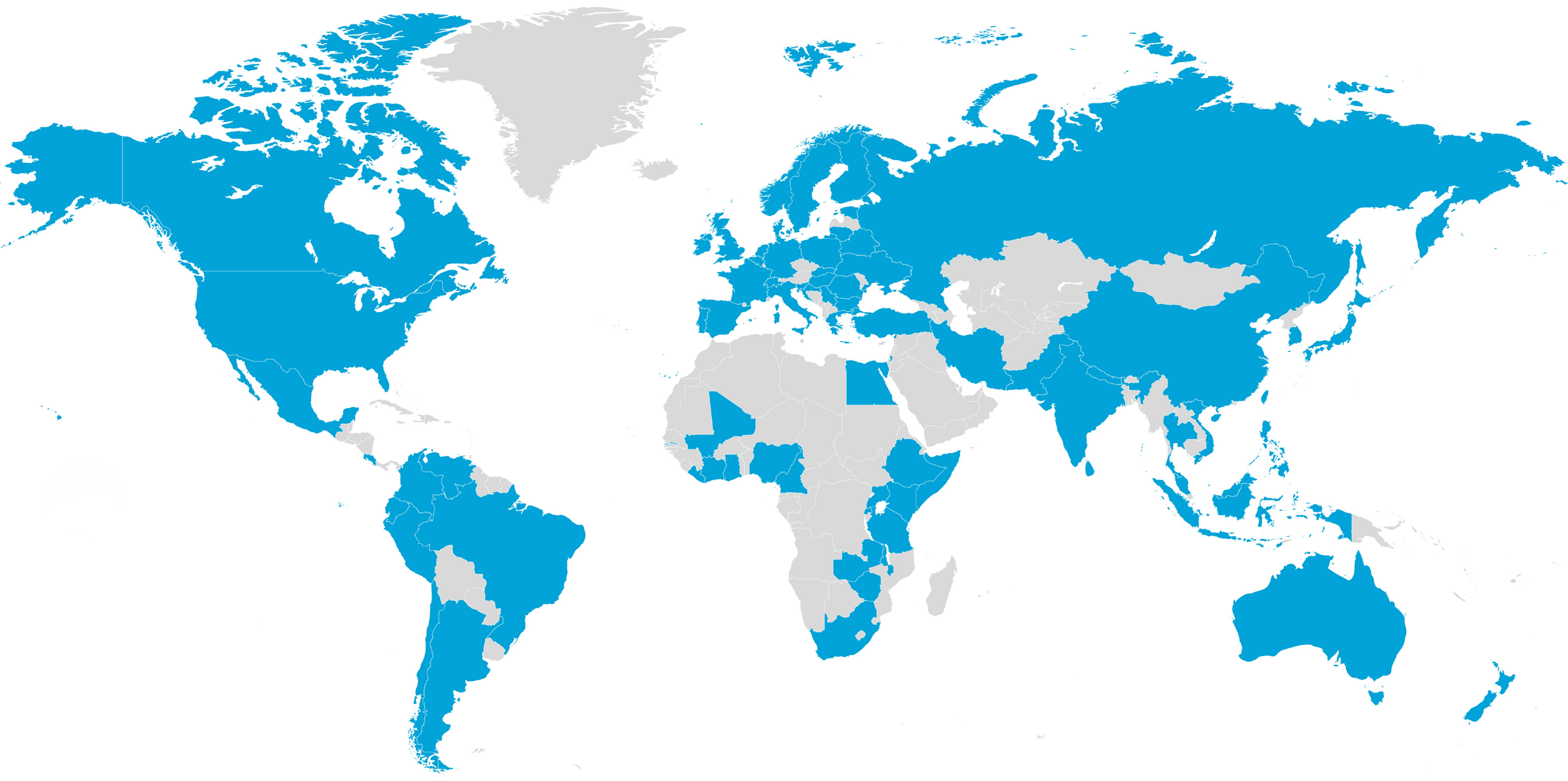 A world map with countries highlighted in blue and some in gray.