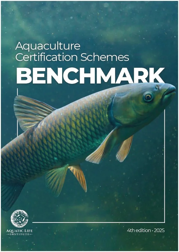 Cover of a document titled 'Aquaculture Certification Schemes BENCHMARK,' featuring a close-up of a fish underwater, with the logo of the Aquatic Life Institute and the text indicating it is the 4th edition from 2025.