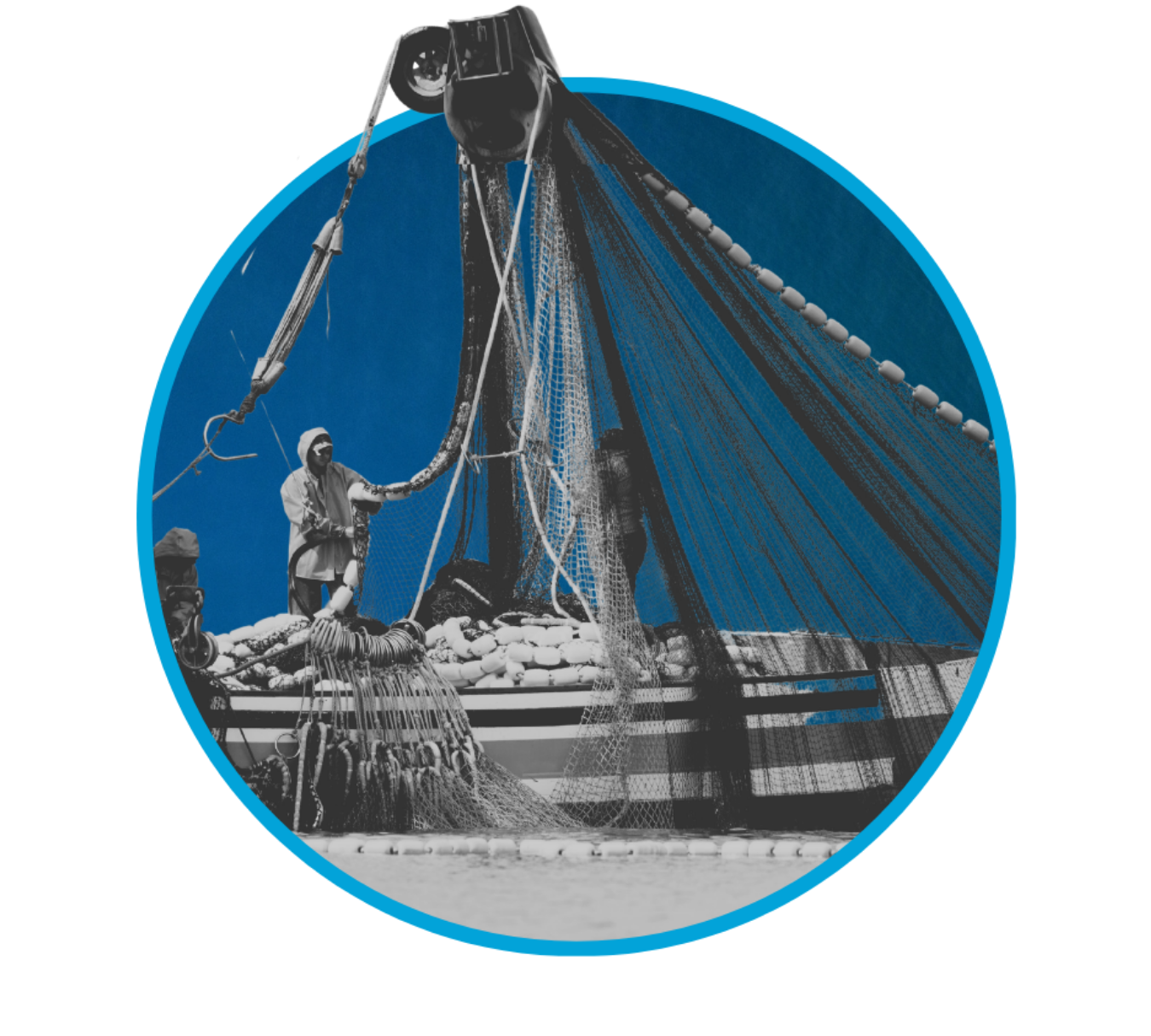A person tending to a fishing net or trap on a boat, with floating objects around. The image features a large fishing setup with ropes, floats, and nets, possibly on a commercial fishing vessel.