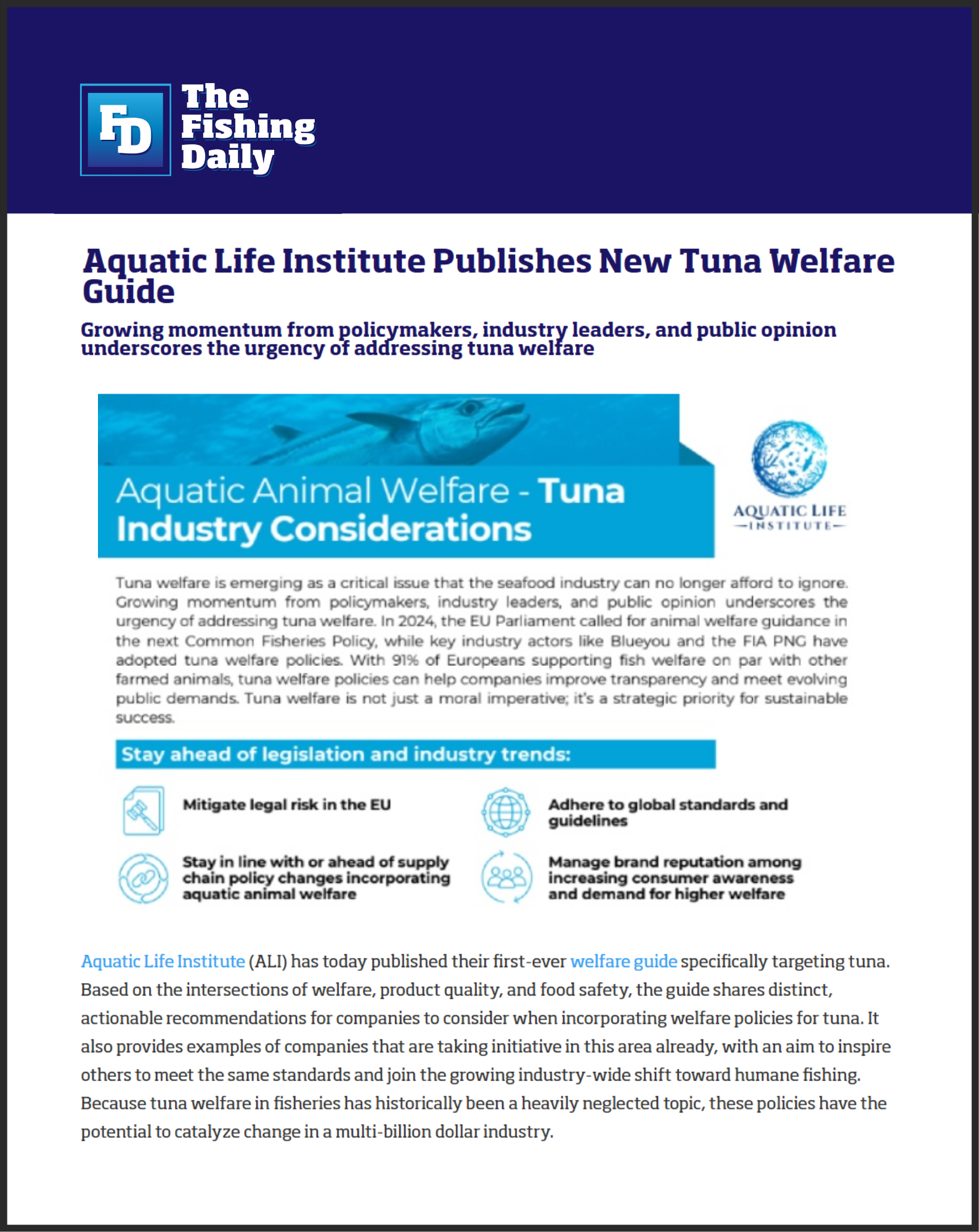 The Fishing Daily: Aquatic Life Institute Publishes New Tuna Welfare Guide