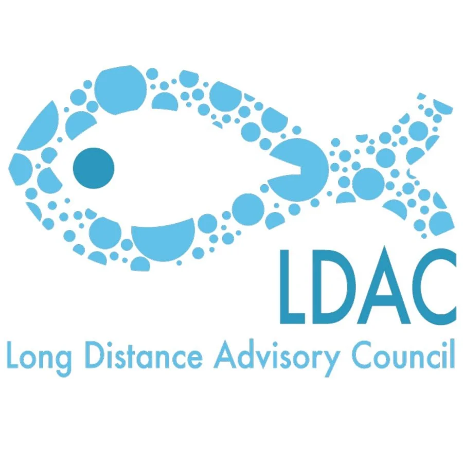 A logo for Long Distance Advisory Council featuring a stylized fish design made of blue circles with the text "LDAC" and "Long Distance Advisory Council" below.