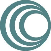 Abstract logo with three overlapping teal circles of decreasing size on a white background.