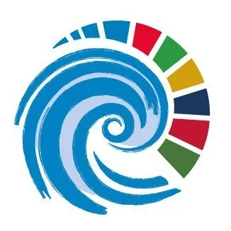 A stylized blue swirl resembling a wave, surrounded by a circular color-coded scale with segments in red, green, yellow, black, and white.