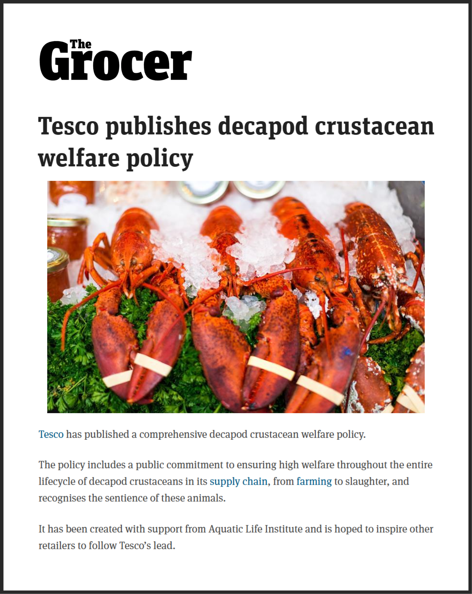 The Grocer: Tesco publishes decapod crustacean welfare policy