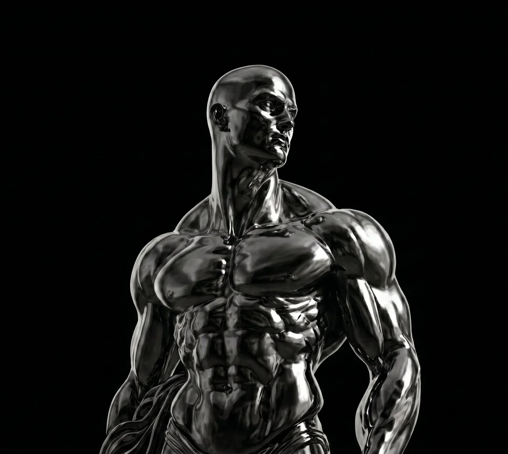 A metallic, reflective sculpture of a muscular man with a bald head, looking to the right, set against a black background. Obsidian Form. Free Workout Routine Download.