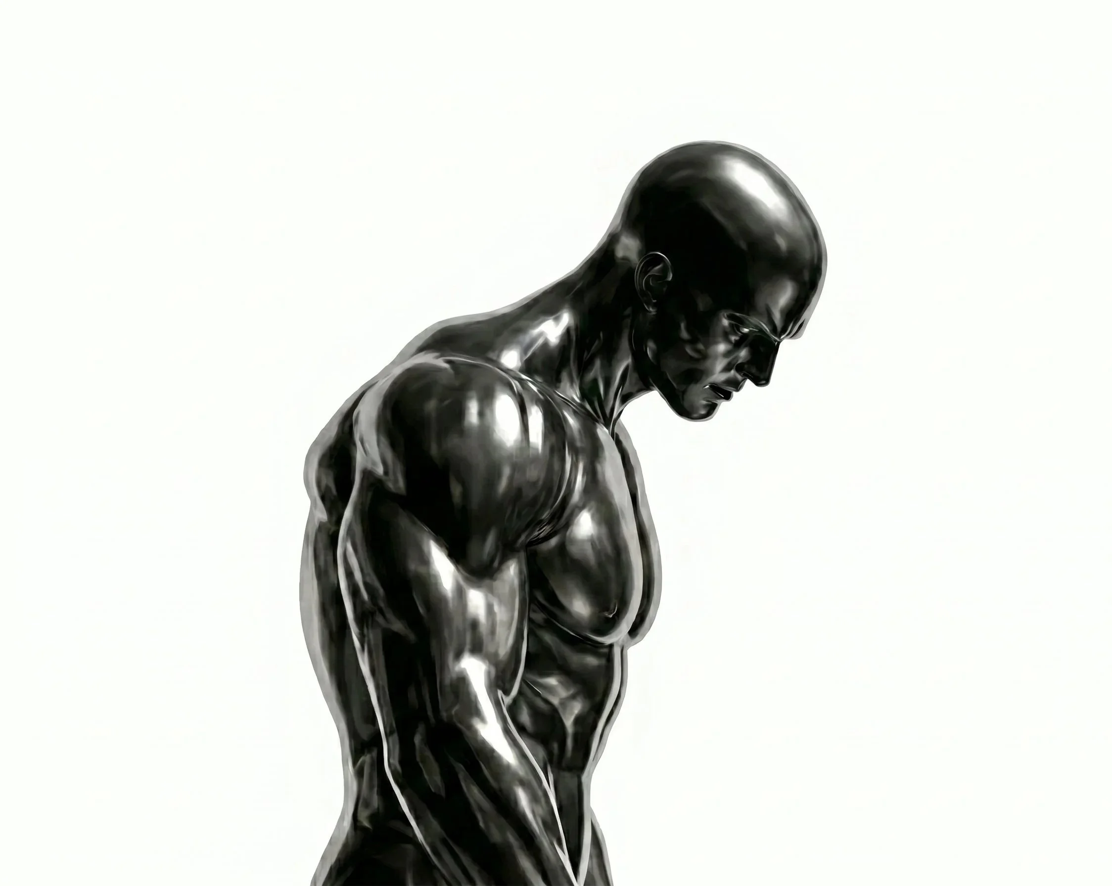 A sleek, metallic sculpture of a human figure in a contemplative pose with its head bowed, set against a plain white background. Obsidian Form. Free Workout Download.