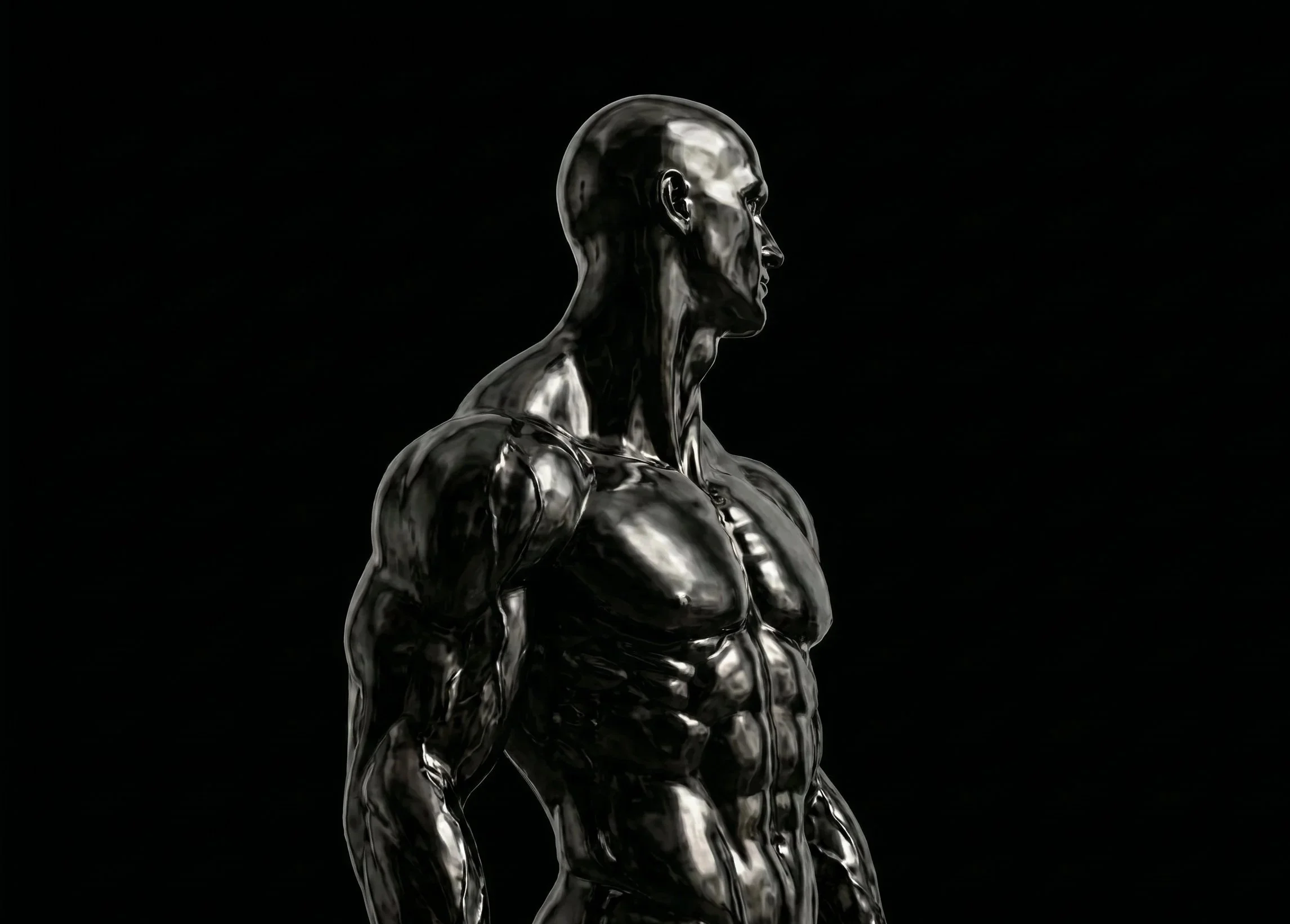 A shiny metallic sculpture of a muscular male torso and head against a black background, viewed in profile. Obsidian Form. Free Workout Routine Download.
