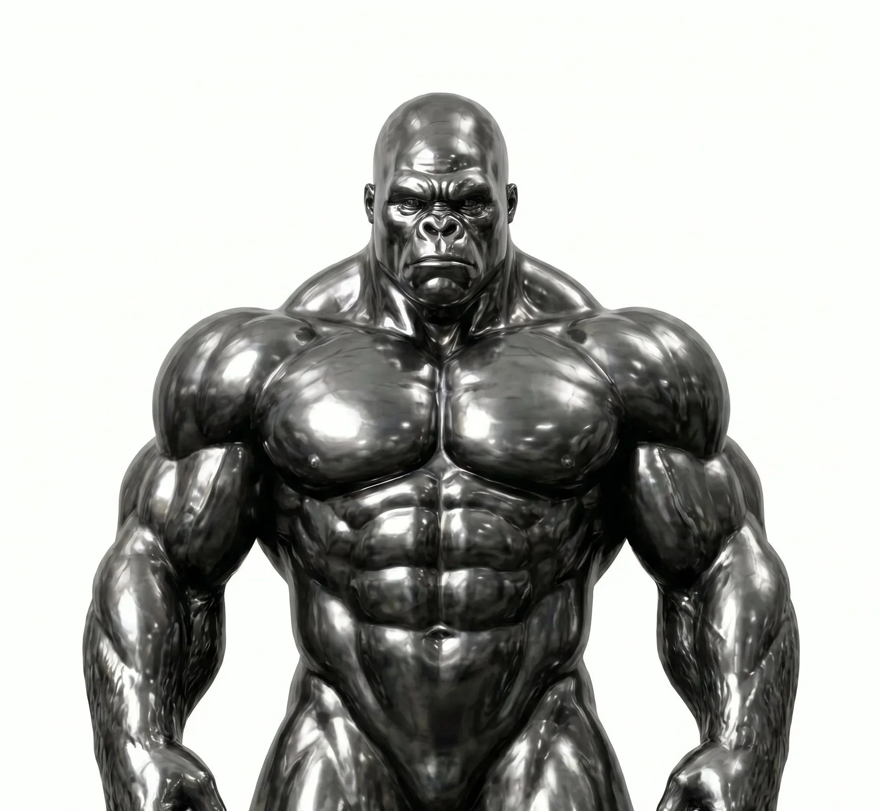 A metallic sculpture of a muscular gorilla with a serious facial expression, set against a plain white background. Obsidian Form. Free Workout Routine Download.