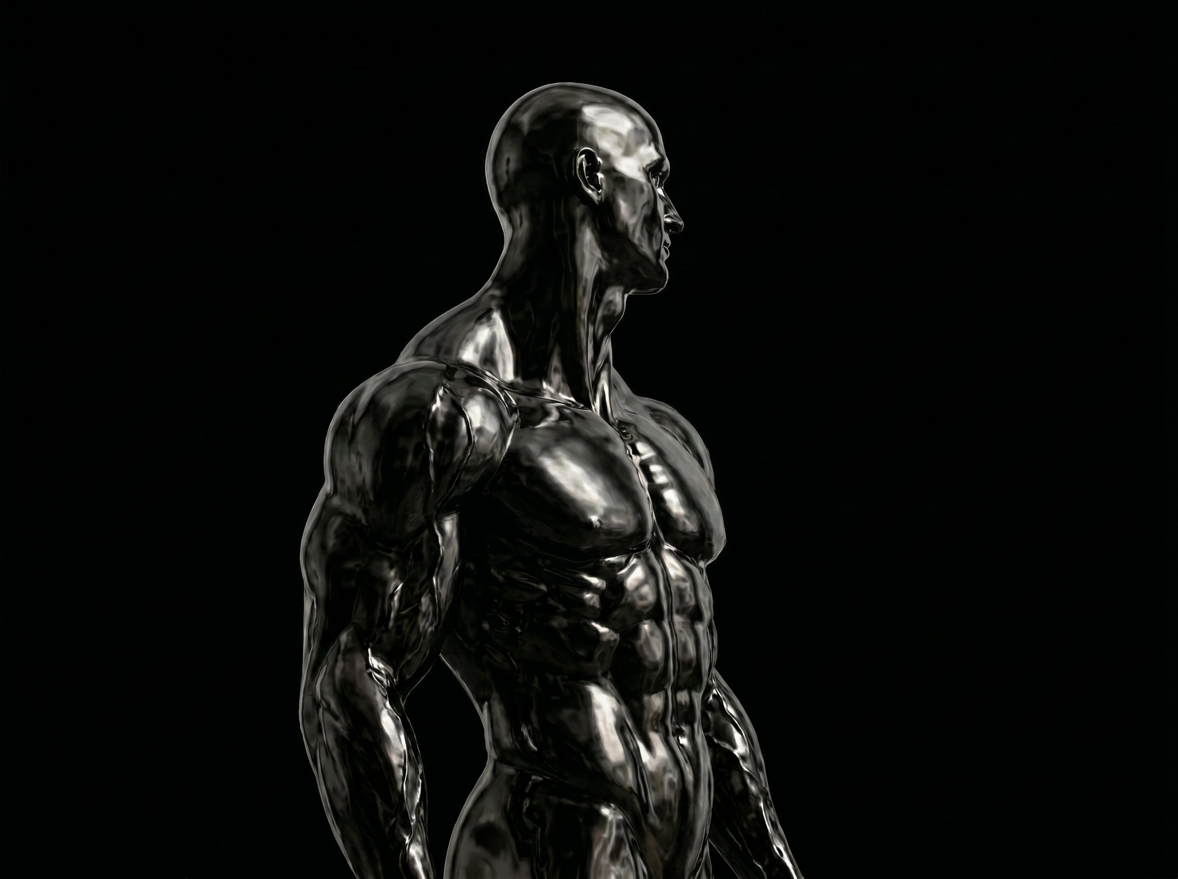 A metallic, reflective sculpture of a muscular man in profile against a black background. Obsidian Form. Free Workout Routine Download.