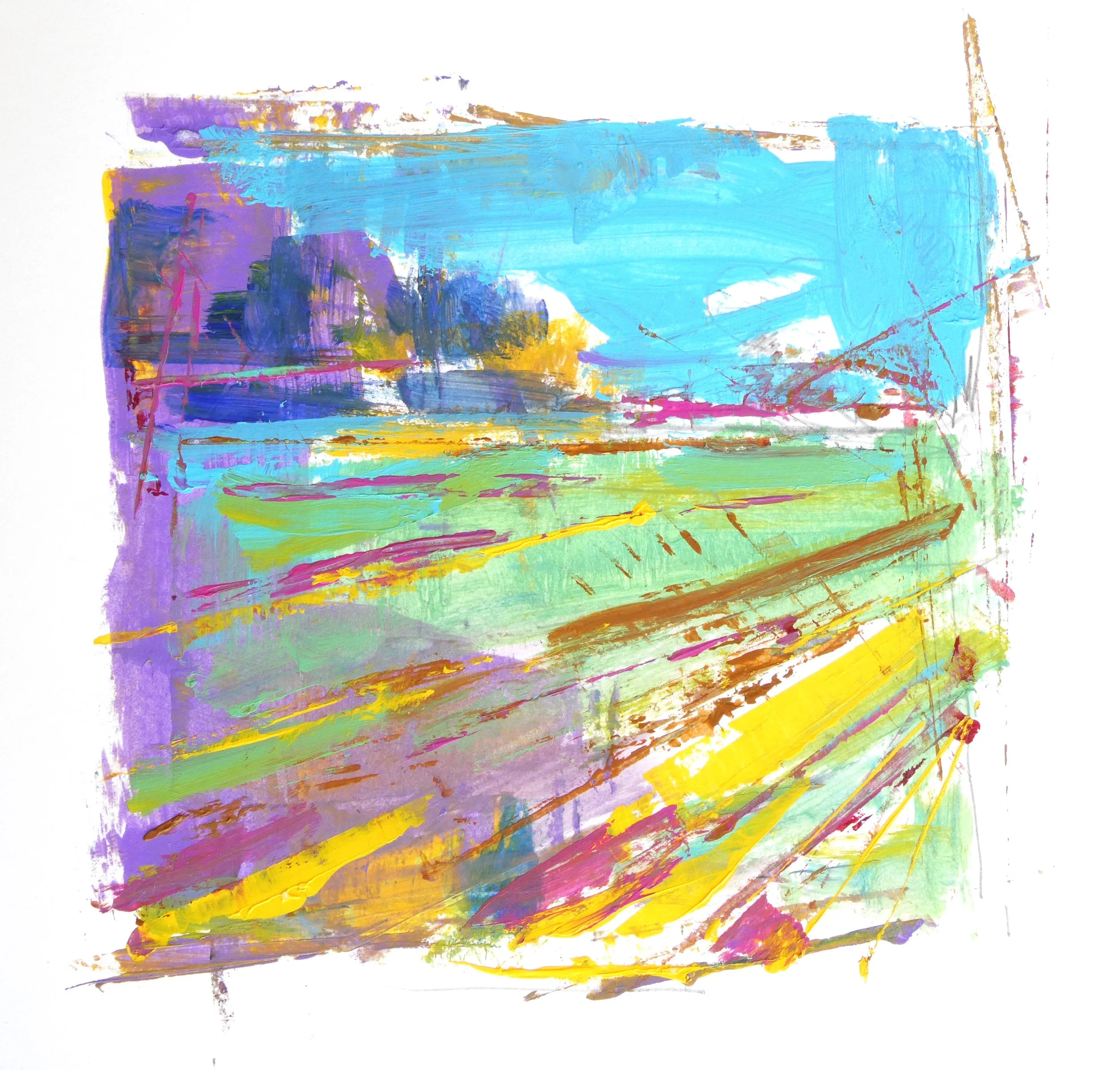 Abstract expressionist painting with bold strokes of bright colors including purple, blue, yellow, orange, pink, and green on a white background.