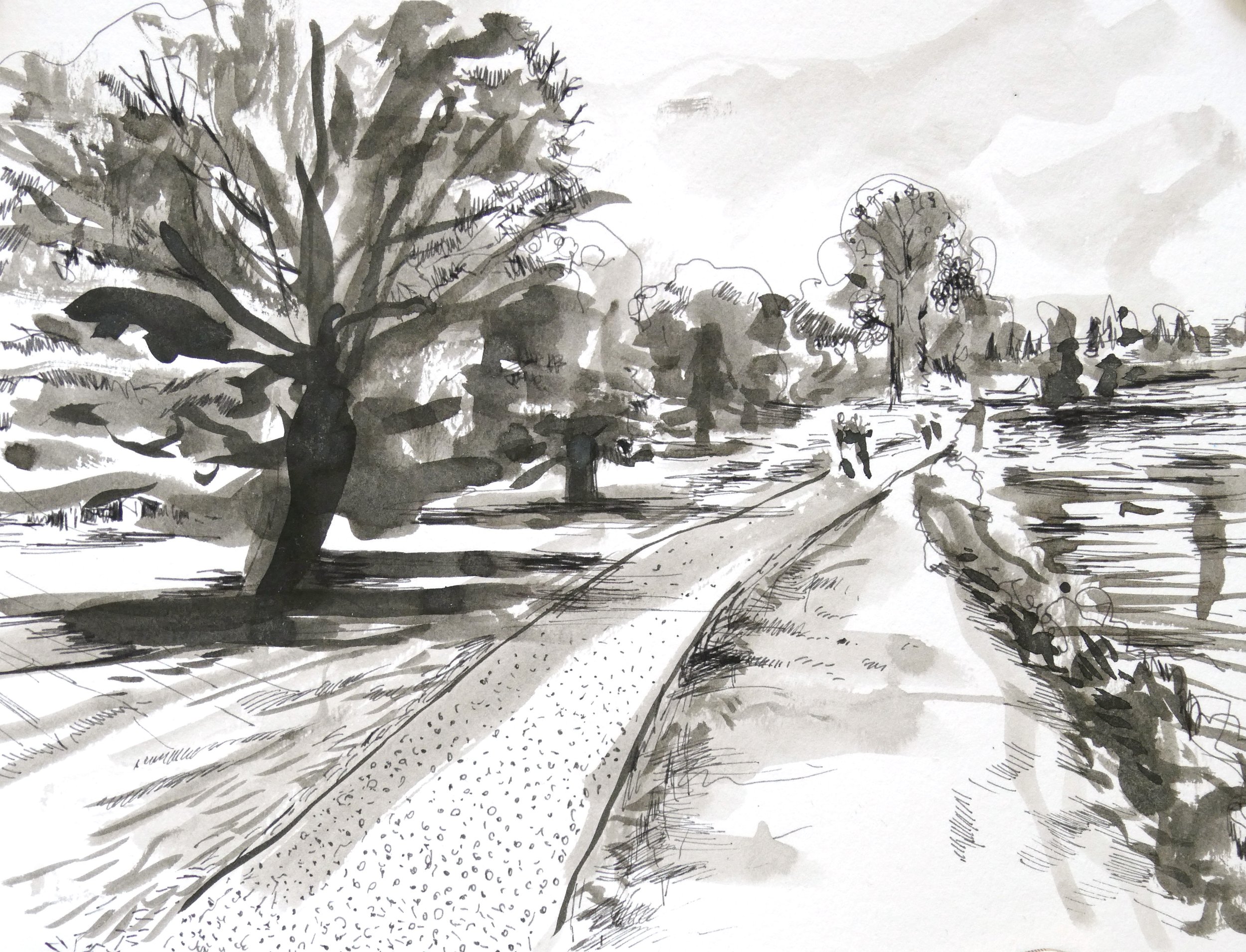 Black and white ink sketch of a landscape with trees, a dirt road, and people walking along the path.