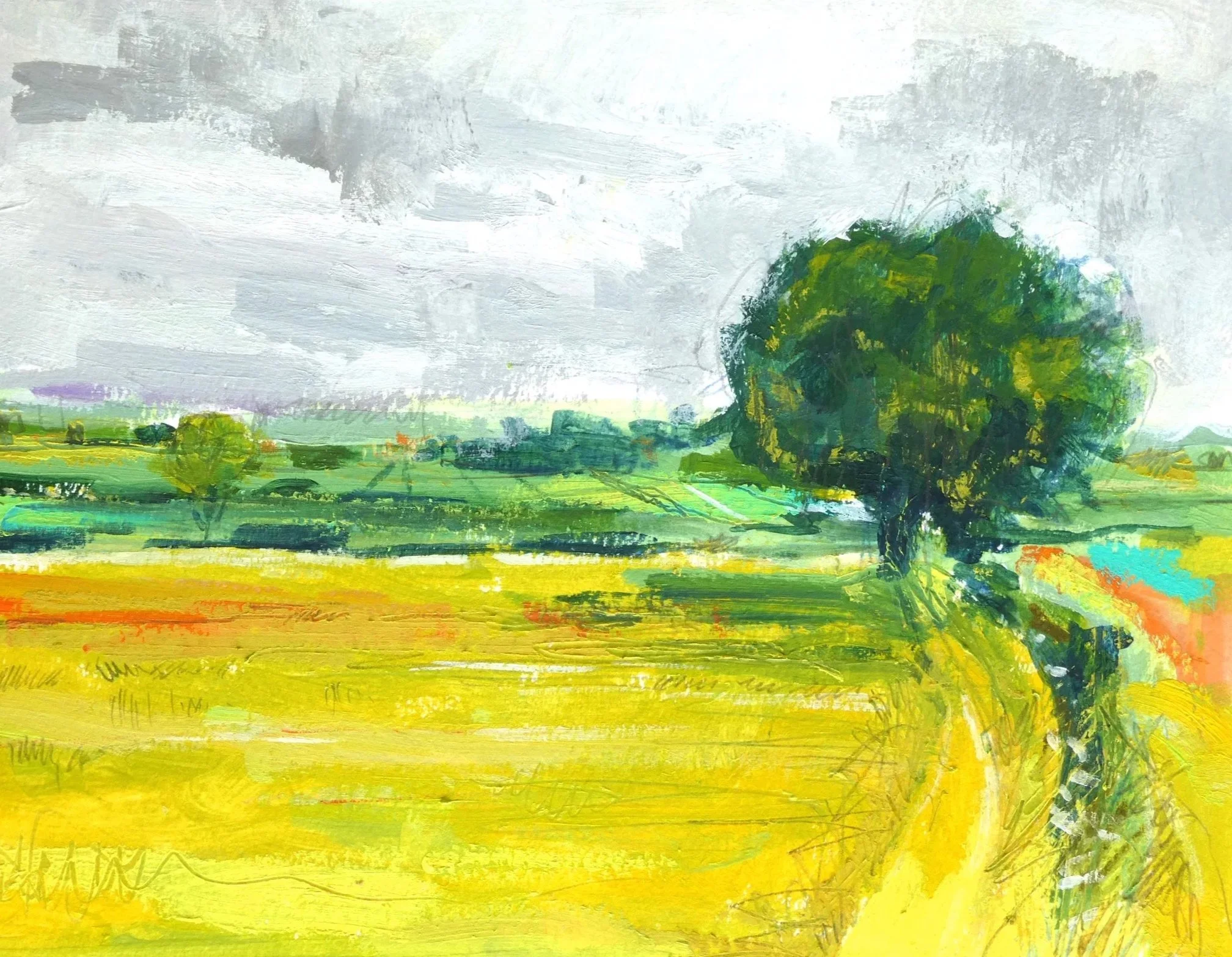 An abstract watercolor landscape featuring a large tree on the right and several smaller trees in the distance, with green fields and a cloudy sky.