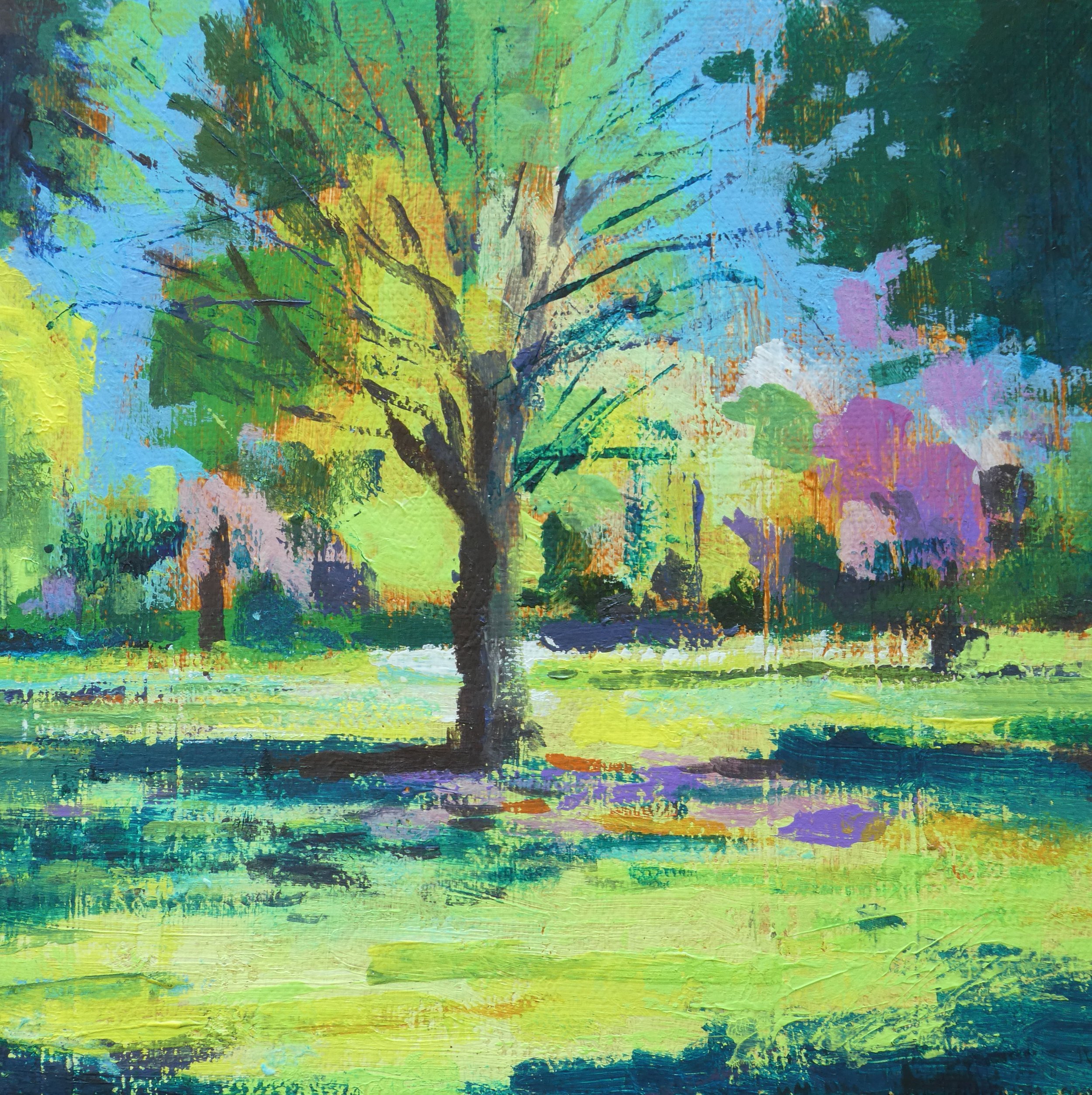 A colorful abstract painting of a tree with green, blue, yellow, purple, and brown brushstrokes.