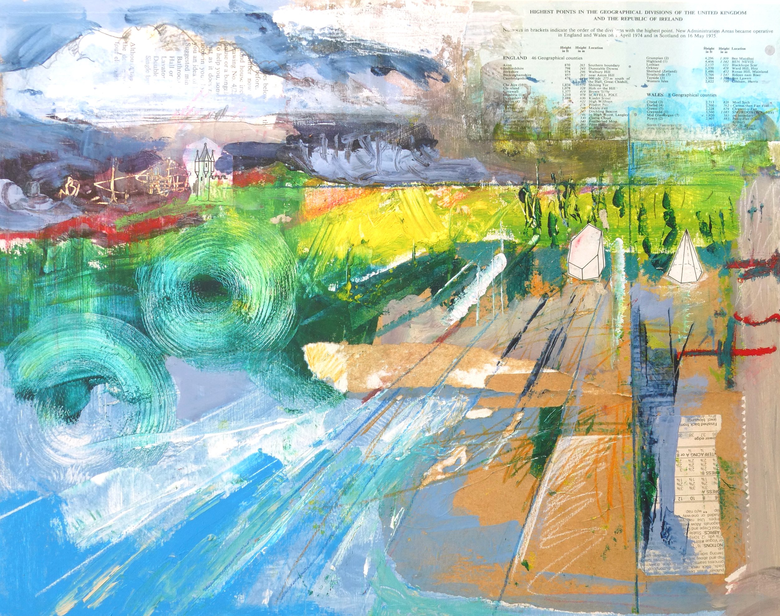 Abstract painting with vibrant colors including blue, green, yellow, and red, overlaid with text and patterns, and some geometric shapes like triangles on the right side.