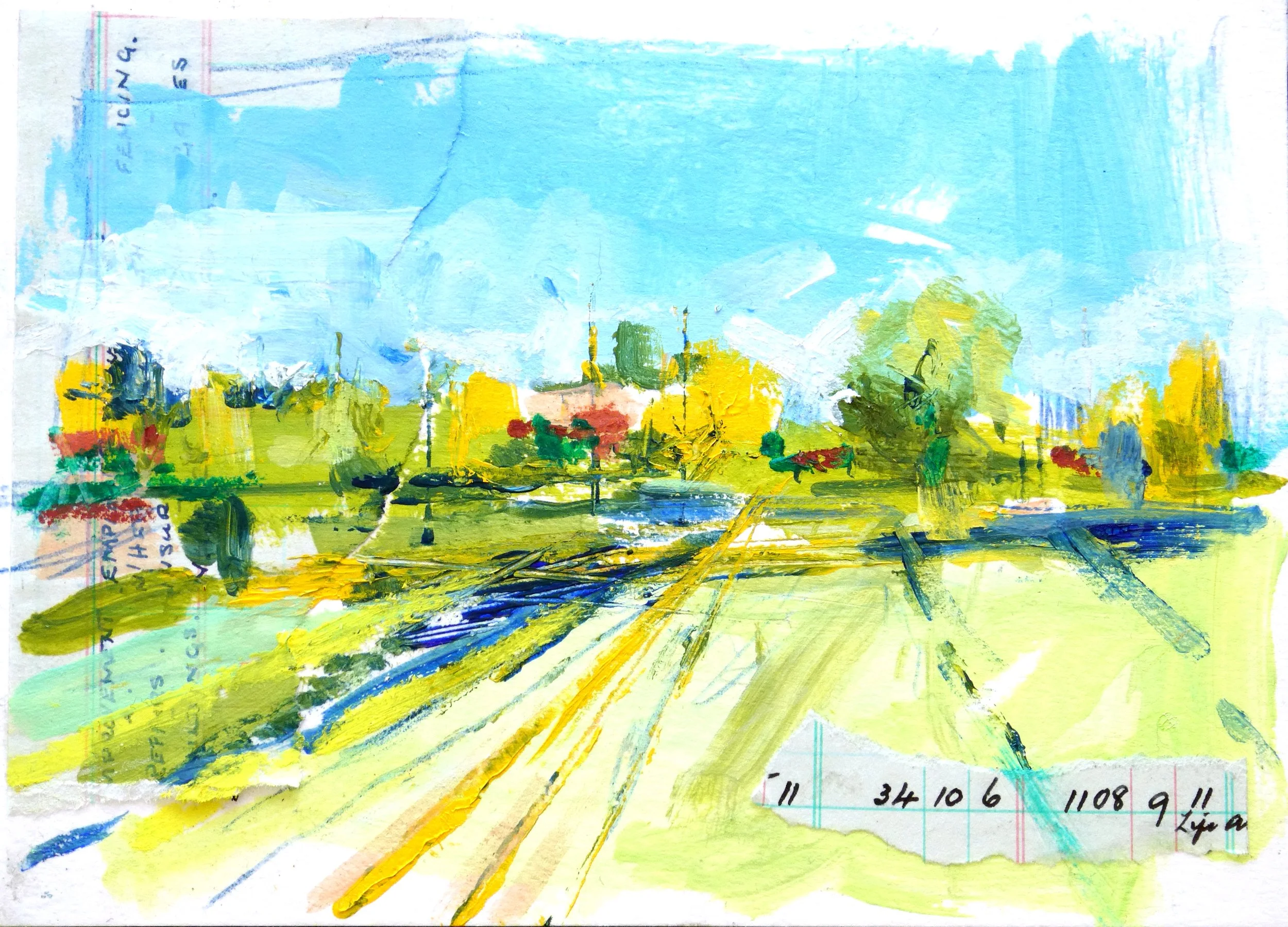 A colorful upside-down landscape painting featuring yellow houses, green trees, and a blue sky with white clouds, created with thick brushstrokes and vibrant colors.