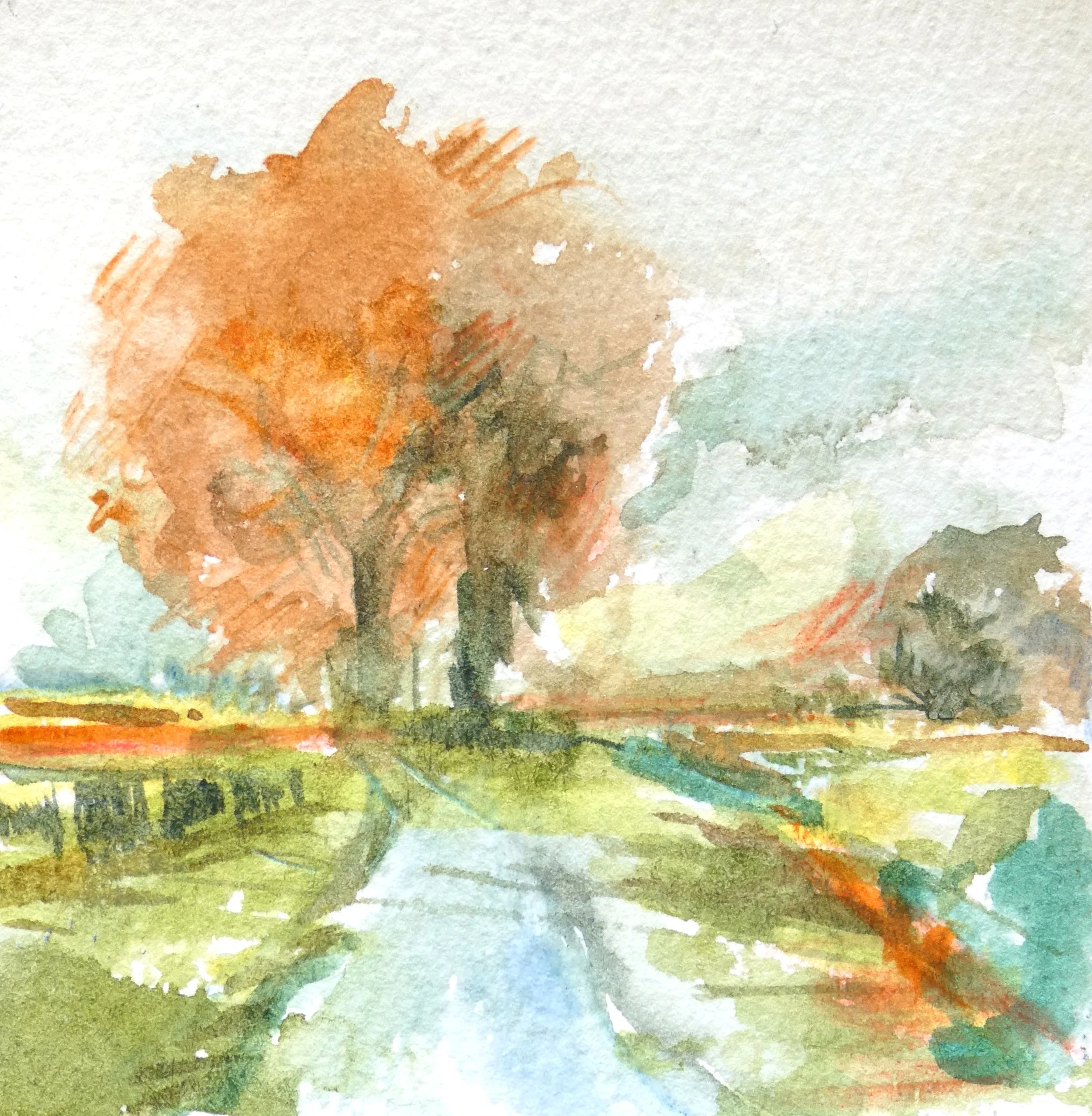A colorful, abstract watercolor painting with a blend of greens, blues, reds, and oranges. The painting features a field of grass in the foreground, an orange tree or bush in the middle, and a light sky background.