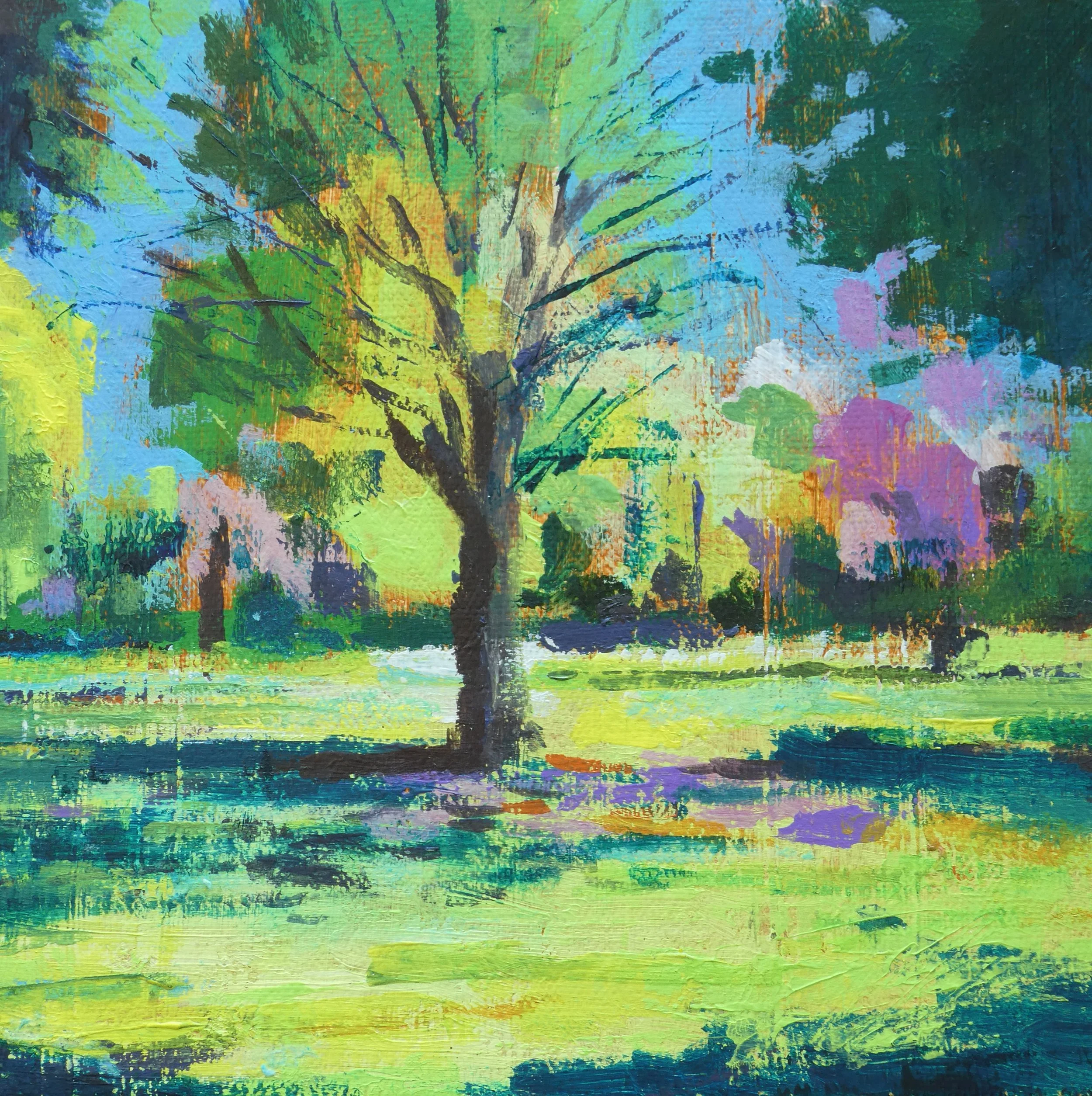 A colorful abstract painting of a tree with vibrant shades of green, yellow, blue, purple, and orange.